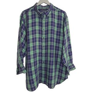 Tom James Royal Classic Hand Tailored‎ Linen Navy & Green Plaid Shirt